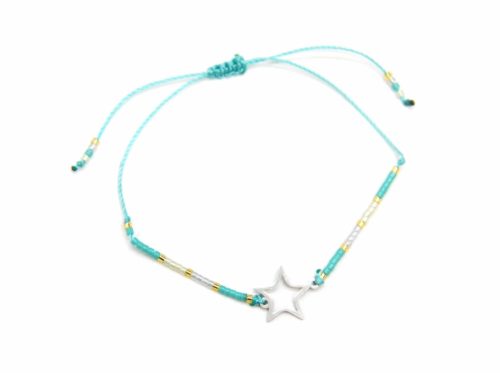 Bracelet-Cordon-Ajustable-Turquoise-avec-Perles-Rocaille-et-Etoile-Acier-Argente