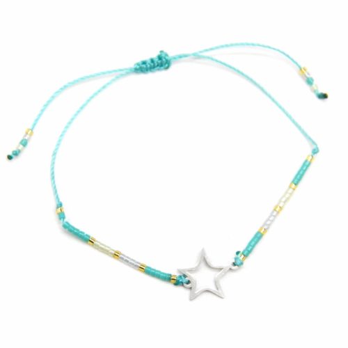 Bracelet-Cordon-Ajustable-Turquoise-avec-Perles-Rocaille-et-Etoile-Acier-Argente