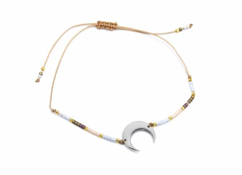 Bracelet-Cordon-Ajustable-Beige-avec-Perles-Rocaille-et-Charm-Corne-Lune-Acier-Argente