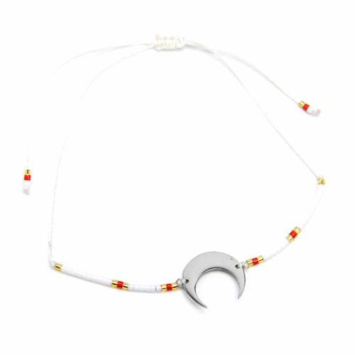 Bracelet-Cordon-Ajustable-Blanc-avec-Perles-Rocaille-et-Charm-Corne-Lune-Acier-Argente