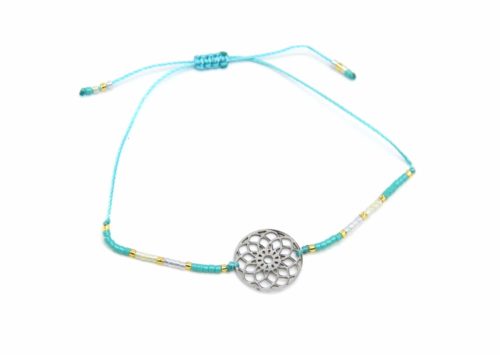 Bracelet-Cordon-Ajustable-Turquoise-avec-Perles-Rocaille-et-Charm-Rosace-Ajouree-Acier-Argente