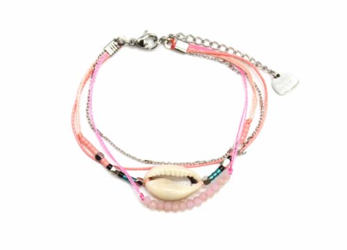 Bracelet-Multi-Rangs-avec-Charm-Cauri-Pierres-Roses-Perles-et-Chaine-Acier