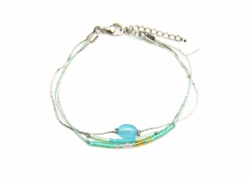 Bracelet-Multi-Rangs-Chaines-Acier-avec-Charm-Pierre-Mint-et-Perles-Rocaille
