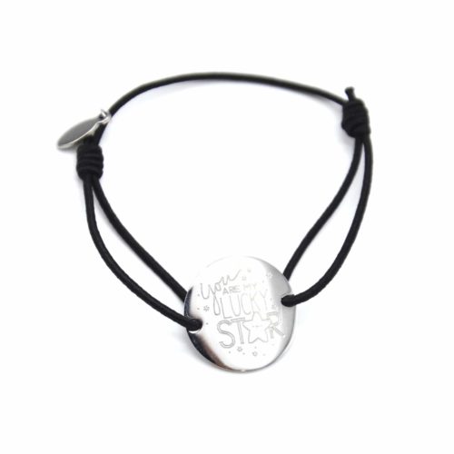 Bracelet-Elastique-Noir-avec-Charm-Message-You-Are-My-Lucky-Star-Acier-Argente