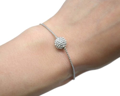 Bracelet-Chaine-Ajustable-Metal-Argente-avec-Charm-Boule-Strass