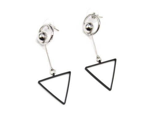 Boucles-dOreilles-Pendantes-Cercle-et-Boule-Metal-Argente-avec-Triangle-Ouvert-Noir