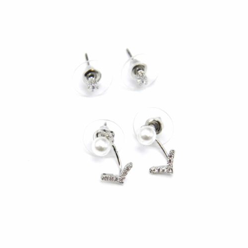 Lot-2-pairs-loops-earrings-Pierre-Etoile-et-Perle-Ecru-with-Chevron-Zirconium-Metal-Silver