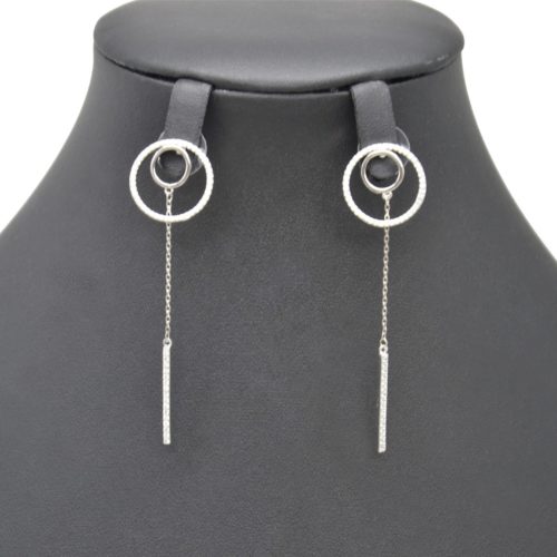 Loops-Earrings-traverses-2-in-1-Double-circles-and-chain-with-bar-rhinestones-Zirconium-Silver