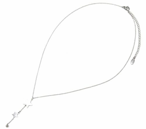 Collier-Fine-Chaine-Pendentif-Double-Etoiles-et-Boule-Acier-Argente