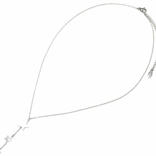 Collier-Fine-Chaine-Pendentif-Double-Etoiles-et-Boule-Acier-Argente