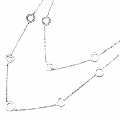 Collier-Double-Chaine-avec-Multi-Charms-Cercles-et-Coeurs-Acier-Argente