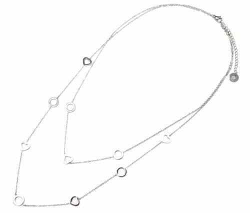 Collier-Double-Chaine-avec-Multi-Charms-Cercles-et-Coeurs-Acier-Argente