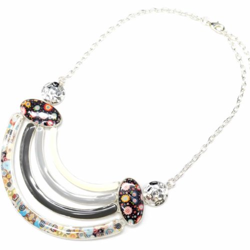 Collier-Plastron-Pendentif-Multi-Bandes-Email-Degrade-Gris-et-Motif-Fleuri-avec-Metal-Argente