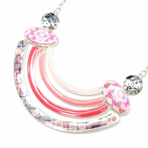 Collier-Plastron-Pendentif-Multi-Bandes-Email-Degrade-Rose-et-Motif-Fleuri-avec-Metal-Argente