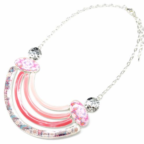 Collier-Plastron-Pendentif-Multi-Bandes-Email-Degrade-Rose-et-Motif-Fleuri-avec-Metal-Argente