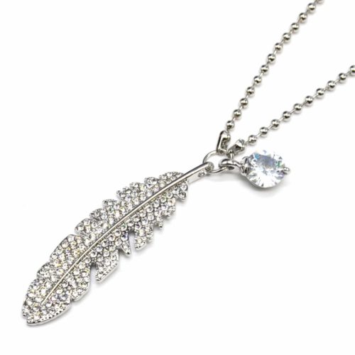 Sautoir-Collier-Chaine-Boules-Pendentif-Plume-Strass-et-Metal-Argente-avec-Pierre