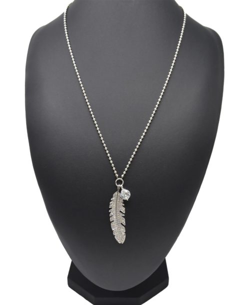 Sautoir-Collier-Chaine-Boules-Pendentif-Plume-Strass-et-Metal-Argente-avec-Pierre