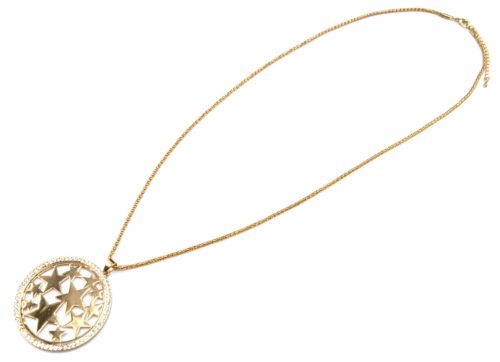 Sautoir-Collier-Pendentif-Cercle-Contour-Strass-avec-Multi-Etoiles-Metal-Dore