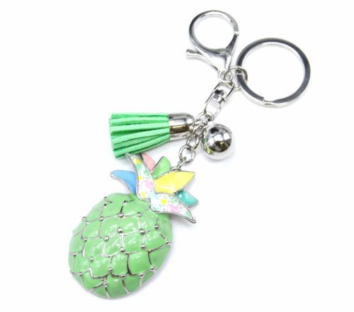 Porte-Cles-Bijou-de-Sac-Ananas-Vert-avec-Boule-Metal-Argente-et-Pompon