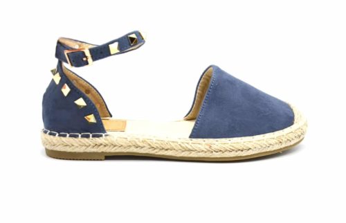 Espadrilles-Effet-Daim-Bleu-avec-Bride-Cheville-Clous-Pyramide-Metal-Dore-et-Semelle-Paille