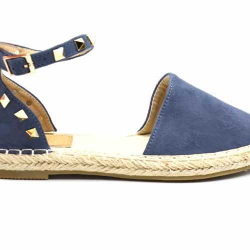 Espadrilles-Effet-Daim-Bleu-avec-Bride-Cheville-Clous-Pyramide-Metal-Dore-et-Semelle-Paille