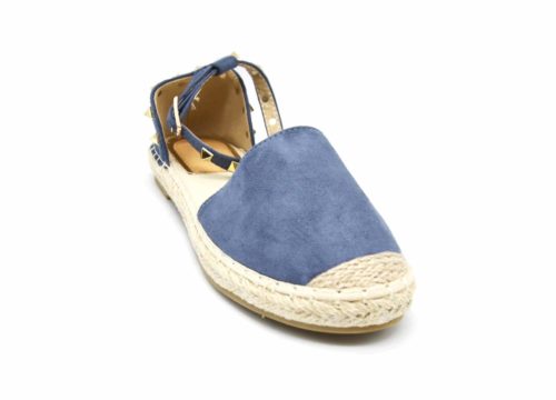 Espadrilles-Effet-Daim-Bleu-avec-Bride-Cheville-Clous-Pyramide-Metal-Dore-et-Semelle-Paille