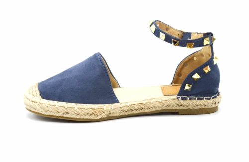 Espadrilles-Effet-Daim-Bleu-avec-Bride-Cheville-Clous-Pyramide-Metal-Dore-et-Semelle-Paille