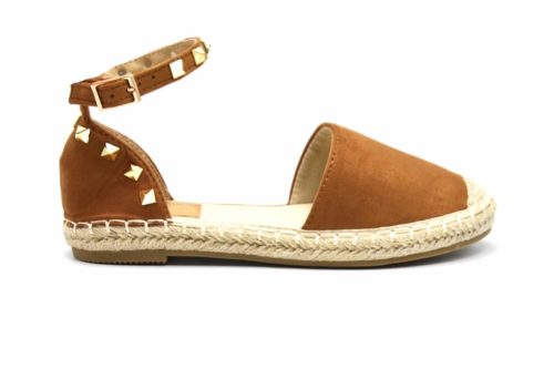 Espadrilles-Effet-Daim-Camel-avec-Bride-Cheville-Clous-Pyramide-Metal-Dore-et-Semelle-Paille