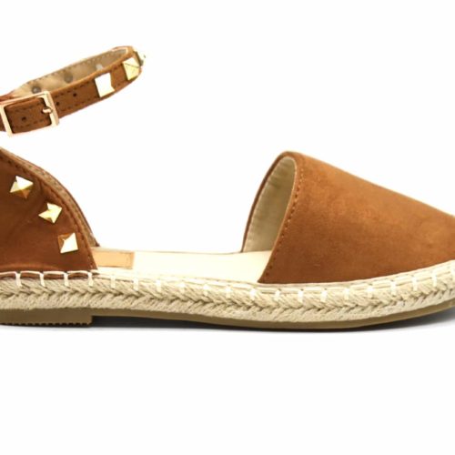 Espadrilles-Effet-Daim-Camel-avec-Bride-Cheville-Clous-Pyramide-Metal-Dore-et-Semelle-Paille