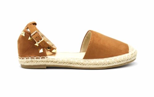 Espadrilles-Effet-Daim-Camel-avec-Bride-Cheville-Clous-Pyramide-Metal-Dore-et-Semelle-Paille