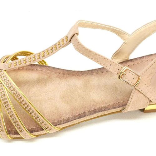 Sandals-bare-feet-Multi-flanges-effect-suede-Taupe-with-rhinestones-and-Petite-Talon-Carre-Dore