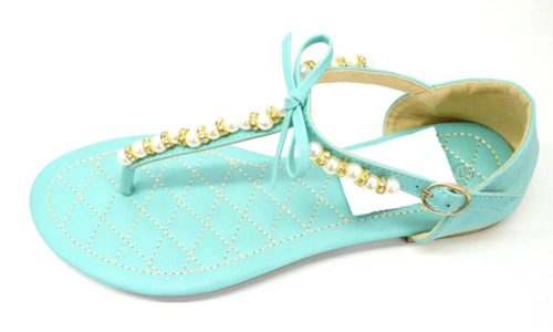 Sandales-Nu-Pieds-Plats-Bride-Simili-Cuir-Bleu-Vert-avec-Perles-Pierres-et-Noeud