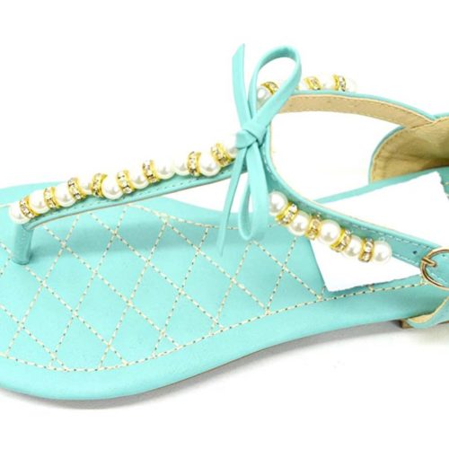 Sandales-Nu-Pieds-Plats-Bride-Simili-Cuir-Bleu-Vert-avec-Perles-Pierres-et-Noeud