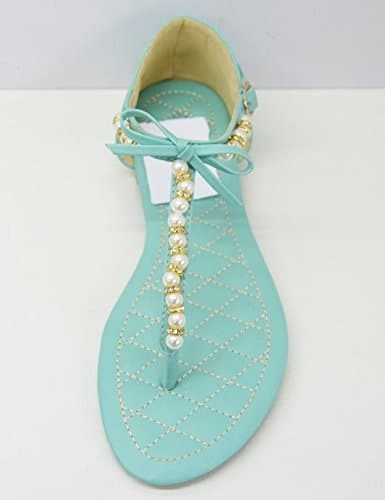 Sandales-Nu-Pieds-Plats-Bride-Simili-Cuir-Bleu-Vert-avec-Perles-Pierres-et-Noeud