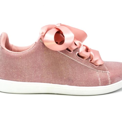 Baskets-Tennis-Sneakers-Toile-3D-Rose-avec-Effet-Reflechissant-Lumiere-Ruban-Satin-et-Semelle-Noire