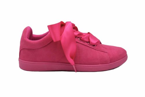 Baskets-Tennis-Sneakers-Effet-Daim-Fuchsia-avec-Surpiqures-Ruban-Satin-et-Semelle-Unie