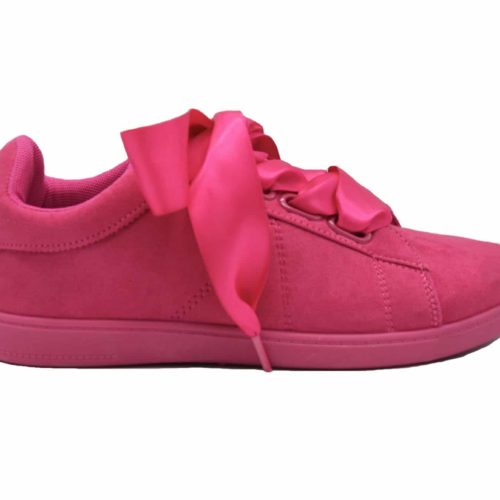 Baskets-Tennis-Sneakers-Effet-Daim-Fuchsia-avec-Surpiqures-Ruban-Satin-et-Semelle-Unie