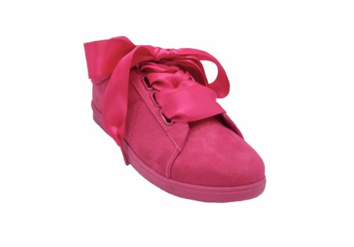 Baskets-Tennis-Sneakers-Effet-Daim-Fuchsia-avec-Surpiqures-Ruban-Satin-et-Semelle-Unie