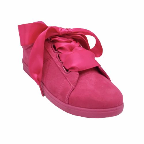 Baskets-Tennis-Sneakers-Effet-Daim-Fuchsia-avec-Surpiqures-Ruban-Satin-et-Semelle-Unie