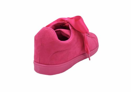 Baskets-Tennis-Sneakers-Effet-Daim-Fuchsia-avec-Surpiqures-Ruban-Satin-et-Semelle-Unie