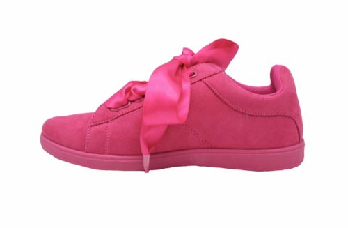 Baskets-Tennis-Sneakers-Effet-Daim-Fuchsia-avec-Surpiqures-Ruban-Satin-et-Semelle-Unie