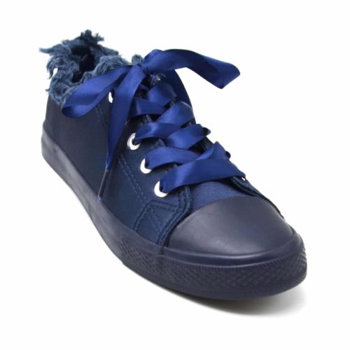 Sneakers-Tennis-sneakers-fabric-satine-blue-navy-with-edge-effect-Jean-Denim-Dechiro-and-lace-ribbon
