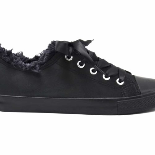 Sneakers-Tennis-sneakers-fabric-satine-black-with-edge-effect-Jean-Denim-Dechiro-and-lace-ribbon