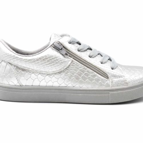 Baskets-Tennis-Sneakers-Simili-Cuir-Vernis-Argente-avec-Motif-Croco-Fermeture-Zip-et-Lacets