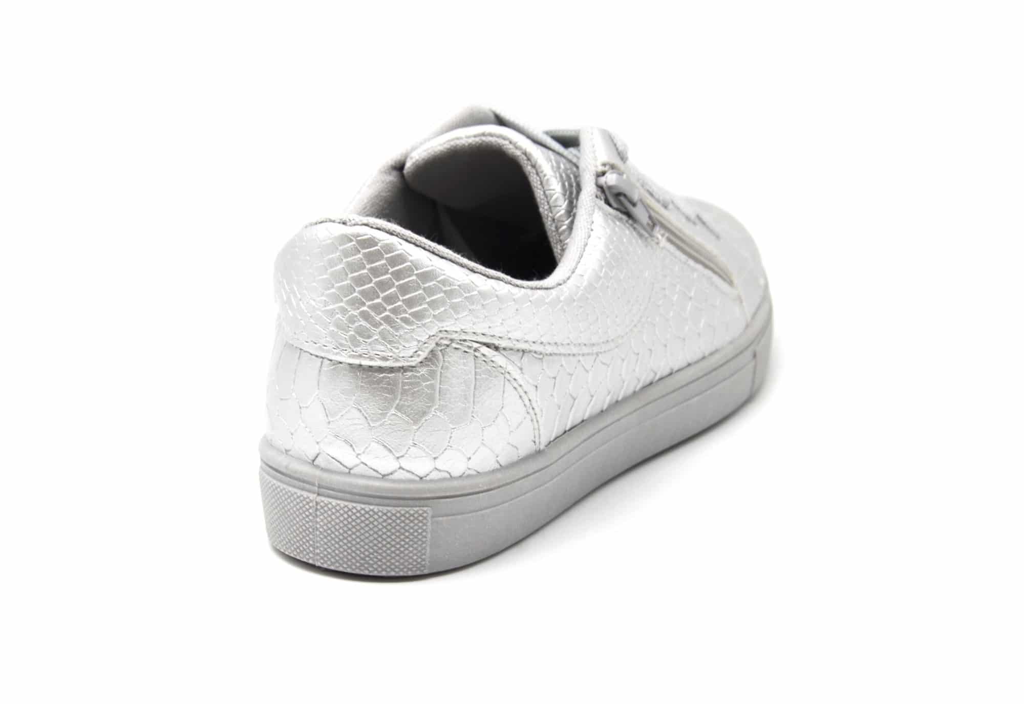 Baskets-Tennis-Sneakers-Simili-Cuir-Vernis-Argente-avec-Motif-Croco-Fermeture-Zip-et-Lacets