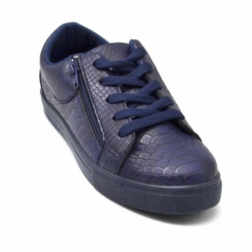 Baskets-Tennis-Sneakers-Simili-Cuir-Vernis-Bleu-Marine-avec-Motif-Croco-Fermeture-Zip-et-Lacets