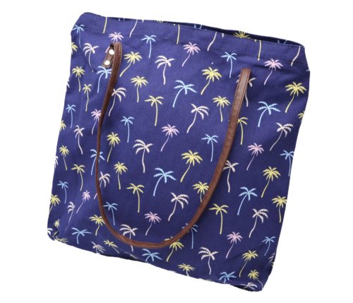 Tote-Bag-Sac-Fourre-Tout-Epaule-Tissu-Imprime-Palmiers-Bleu-Marine