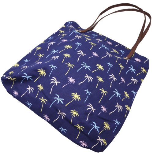 Tote-Bag-Sac-Fourre-Tout-Epaule-Tissu-Imprime-Palmiers-Bleu-Marine