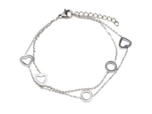 Bracelet-Double-Chaine-avec-Multi-Charms-Coeurs-et-Cercles-Acier-Argente