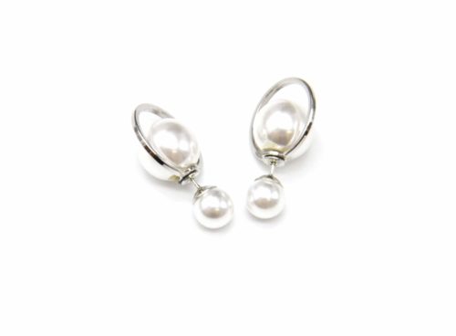 Boucles-dOreilles-Traversantes-Double-Perles-Ecru-avec-Contour-Cercle-Metal-Argente